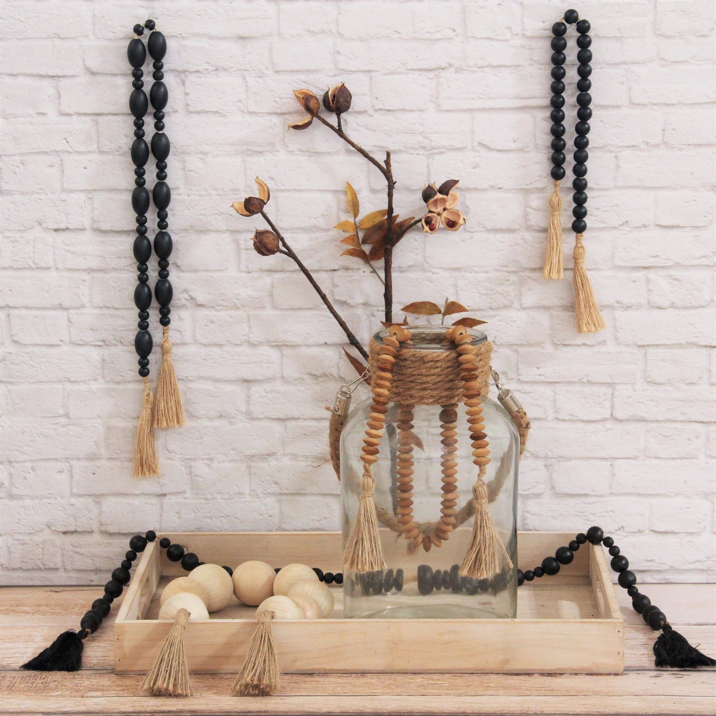 Akaida Light Brown Wooden Large Bead Tassel Decor