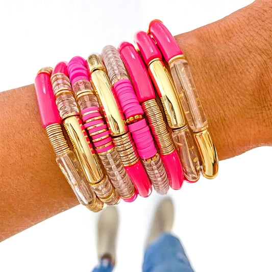 Small Hot Pink Acrylic Tube Bamboo Bracelet